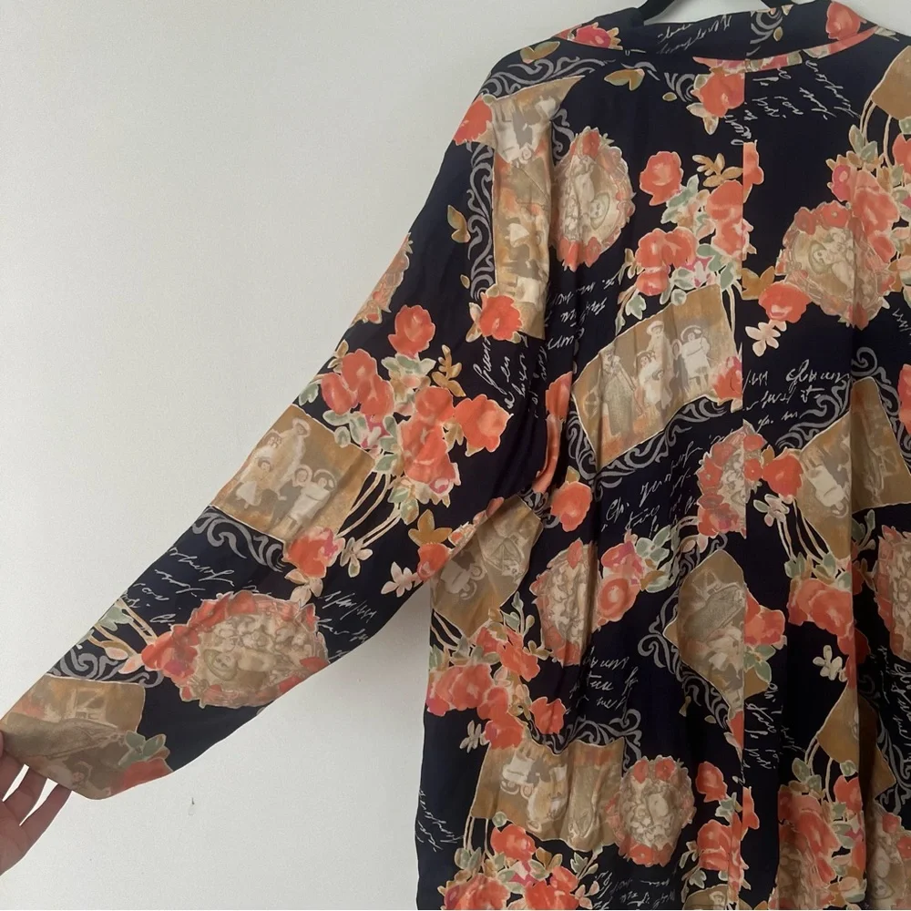 Vintage 90s Y2K Adrian Jordan Front Tie Floral Tie Front Kimono - Picture 8 of 8